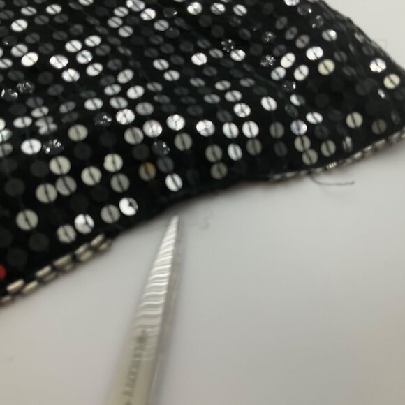 VTG Sequins Queen Medium Silk Beaded Top Black Silver Sequin Floral Embellished* - Picture 8 of 13